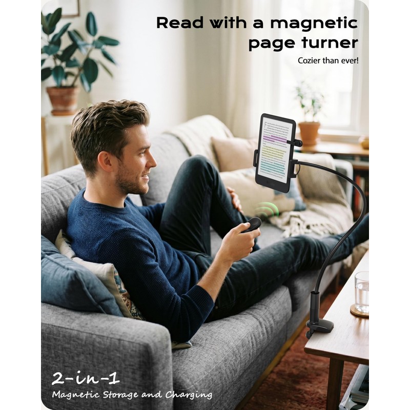 Stouchi Gooseneck Kindle Holder with Remote Page Turner for Bed