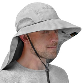 (Light Grey) - SUNCUBE Outdoor Wide Brim Sun Hat with Neck Cover Flap Men, Women Summer Sun Protection Hat UPF 50+ for Hiking, Fishing, Gardening Breathable, Foldable