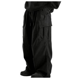 OYOANGLE Men's Drawstring Elastic Waist Pockets Cargo Pants Wide Leg Loose Casual Trousers Streetwear Black Small