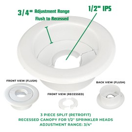 Retrofit Recessed Fire Sprinkler Escutcheon 1/2 in. IPS - Split 3 Piece in White - Depth Adjustment Range up to 3/4 in. for Fire Sprinkler Trim