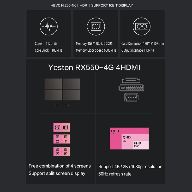 Yeston RX550-4G 4HDMI 4-Screen Graphics Card Support Split Screen 10bit
