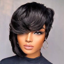Amecire Pixie Cut Wig for Women with Bangs 6 Inch Glueless Human Hair with Long Swoopy Bangs 180% Density Suitable for All Elegant Style Wig Straight Pixie Cut Layered Wigs with Bangs for Daily Wear