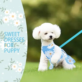 Dog Dress Bowknot Harness Leash Set for Small Girl Dogs Blue Daisy Floral Dog Cat Clothes Cute Puppy Outfits Pet Clothes Spring Summer Breathable Dresses(X-Small)