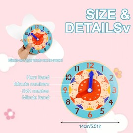 Kikuo 14CM Wooden Learning Clock, Colorful Teaching Clock with Hour and Minute Hands Education Toy, Learn to Tell the Time Clock for Home, Playroom, and Classroom