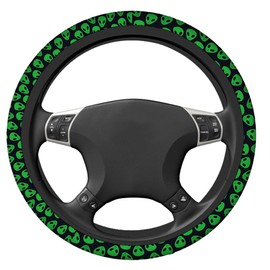 Swono Aliens Green Steering Wheel Cushion Case - Funny Alien Faces, Neoprene Car Steering Wheel Cover - 15 Inch, Anti Slip, Compatible Auto Car Wrap Cover for Men & Women