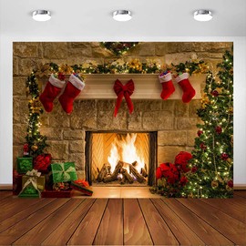 Avezano 8x6ft Christmas Fireplace Backdrop Xmas Socks Tree Gift Decorations Party Supplies Christmas Eve Fireplace Photography Background