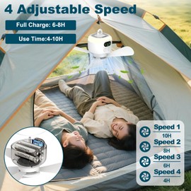 xeamun Portable Camping Fan, 10.6 Inch Tent Ceiling Fan,Rechargeable 8000mAh with Light & Hook,Timable & Auto Shut Off,Detachable Fan Blade, Used for Tent Canopy RV Porch Beach Bedroom