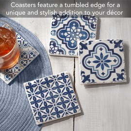 Thirstystone Assorted Blue & White Tile Designed Tumbled Tile Coaster 4 Pack with Protective Cork Backing Manufactured in The USA Easily Wipes Clean