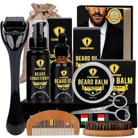 Ceenwes Kit de aseo de barba mejorado con acondicionador para barba, aceite de barba, cepillo para barba, peine para barba, bálsamo para barba, champú