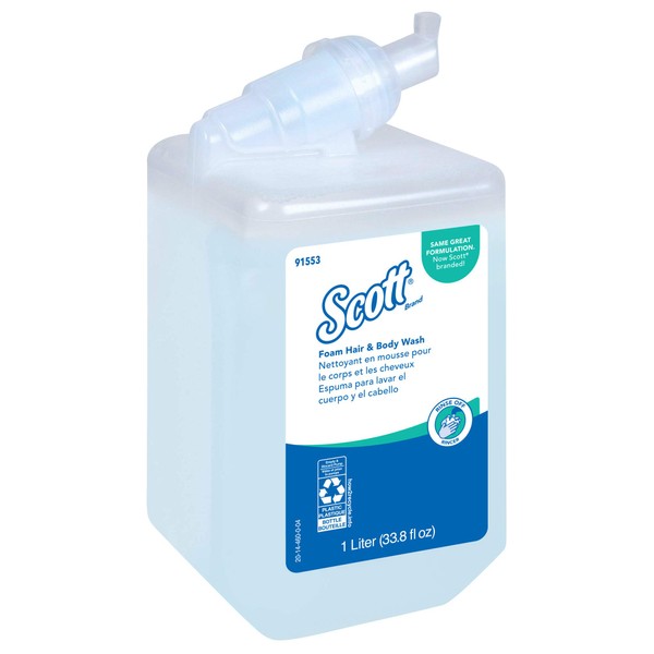 Scott Foam Hair and Body Wash (91553), Light Blue, Fresh Scent Shampoo, 1.0 L, 6 Packages / Case