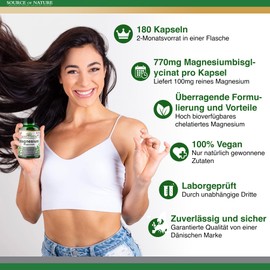 Source of Nature® Magnesium Bisglycinate 770 mg 180 Capsules 2 Month Supply 100 mg Elemental High Quality High Bioavailability Stomach Friendly Laboratory Tested