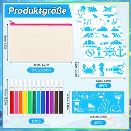 Meetory Pack of 15 Fabric Pencil Cases, Blank School Pencil Case, Children's Canvas Bags for Painting with 12 Colouring Pencils, 8 Painting Stencils for Travel, Christmas, Storage, 21 x 12 cm, beige