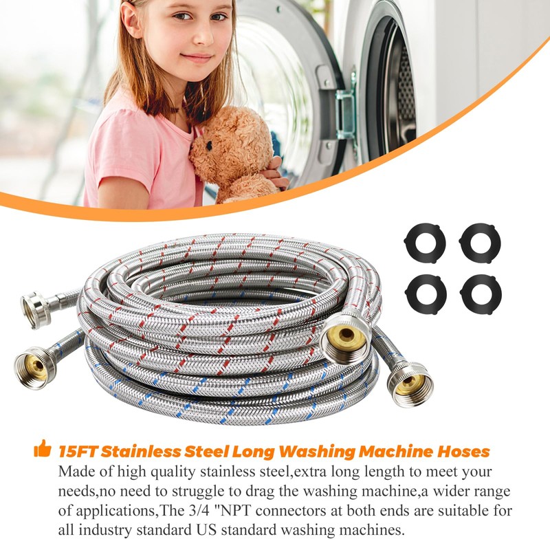 15ft LONG Washing Machine Hoses UPGRADE by Blutoget- Braided Stainless