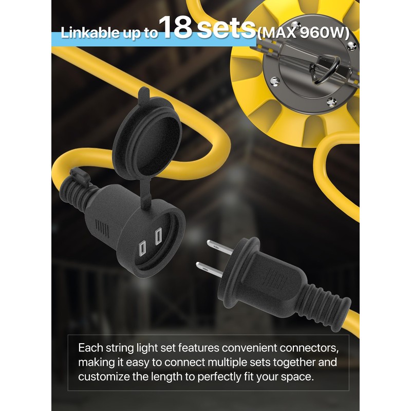 HYPERLITE 50FT Construction String Lights: 5 Bulbs with Climbing Hooks