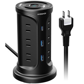 NVEESHOX Power Strip with Type-C Extension Cord Tower with Telescopic Fixing Parts, USB Included, Lightning Guard, 3 Layers, 12 AC Outlets, 3 USB Ports, Octopus Wiring, Table Tap, OA, Multi-Tap, Under