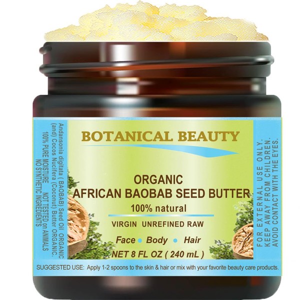 Botanical Beauty ORGANIC BAOBAB OIL BUTTER. 100% Natural RAW VIRGIN UNREFINED for Face, Skin, Damaged Hair, Lips, Nails 8 Fl. oz. - 240 ml. Rich in Vitamin C