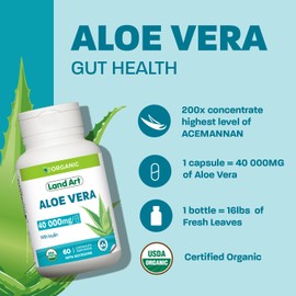 Pure & Certified Organic Land Art Aloe Vera Capsules – Concentrated Formula - 40,000MG per Serving – 60 Count– Fresh Inner Leaves Gel With Inulin as Prebiotics – Gut Health - Made in Canada