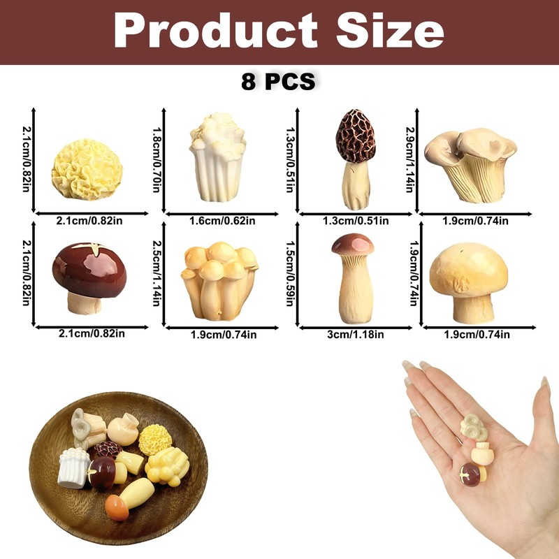 8PCS Mini Mushroom Resin Figurines, Realistic Mushrooms Resin Ornaments, Cute