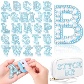 WILLBOND 52 Pieces Self Adhesive Pearl Rhinestone Letter Patches A-Z Bling Rhinestone Letter Stickers Glitter Alphabet Appliques Sticker for DIY Clothes Bags Hats Phone Backpacks(White, Blue)