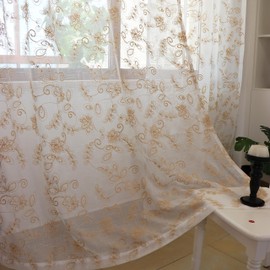 SLOW SOUL Set of 2 Panels Coffee Complex Flowers Sheer Curtains Floral Faux Linen Semi Sheer Embroidered Curtains & Drapes for Bedroom Living Room Rod Pocket 52W X 79L inch