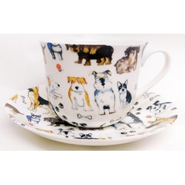 Dogs Breakfast Cup & Saucer Fine Bone China Large Dogs Collage Cup & Saucer Hand Decorated in The U.K.