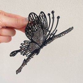 Black Glittering Butterfly Metal Hair Claw Clips, Large Hair Claw Hair Barrettes Non-Slip No Broken Strong Hold Hair Clamps Fashion Hair Accessories for Woman and Girls With Long Curly Hair