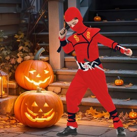 SATKULL Ninja Costumes for Kids Muscle Ninja Costume with Ninjas Accessories Toys Best Children Gifts(Kids-XL-10/12T Red)