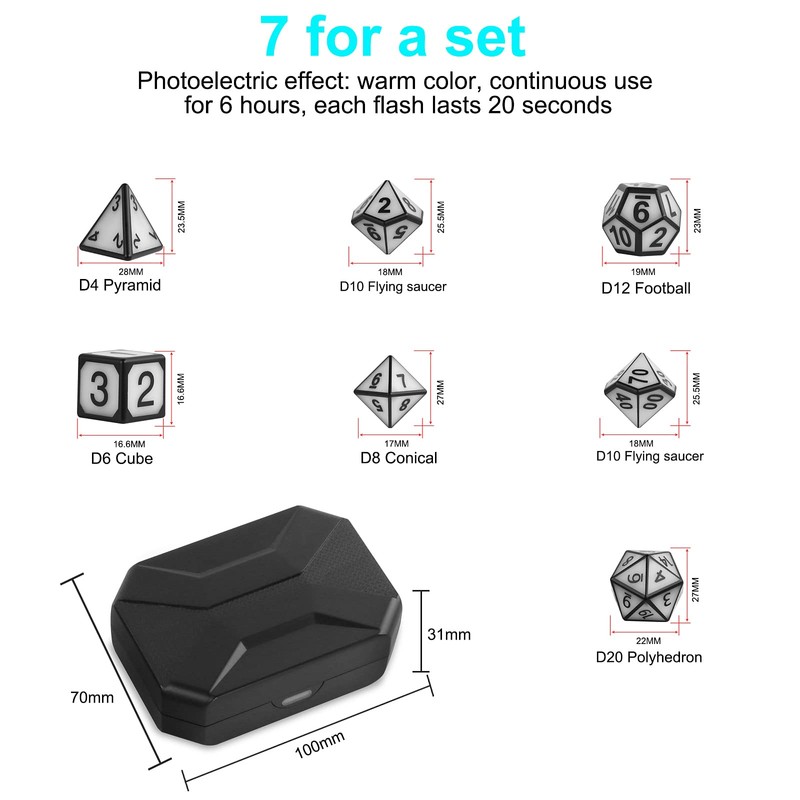 HTPOW Light Up DND Dice Set of 7 USB Rechargeable