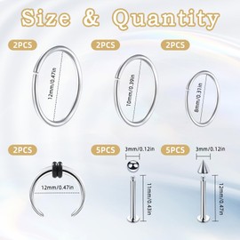 TPTGIAR 18-Piece Nose Piercing Ring Set, Stainless Steel Piercing Ear, Septum Piercing Set, 8 mm, 10 mm, 12 mm, Nose Ring Piercing for Navel, Tongue, Nipple, Eyebrow, Lip, Women and Men, Stainless