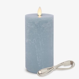 Luminara Seaglass Rechargeable Flameless LED Candle, Silver Blue 3" x 6.5", Moving Flame Pillar Timer, USB Type-C Charging Cable, Unscented Real Wax