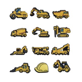 SAFITOYA Shoes Charms for Boys, Yellow Transportation Truck Shoe Decoration, 12PCS Dumper Crane Shovel Mixer Construction Vehicle Cars Shoes Charms for Boys Girls Party Favors Gifts