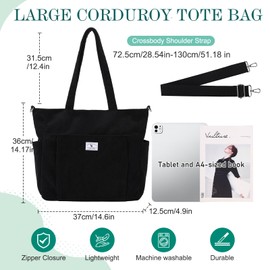 VX VONXURY Tote Bag for Women Corduroy Large Shoulder Bag with Multi Pockets Lightweight Handbag for Work College Shopping,Black