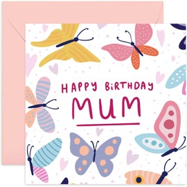 Old English Co. Butterfly Birthday Card for Mum - Cute Colourful Birthday Card for Her from Son Daughter - Colourful Pastel Heart Butterfly Happy Birthday Card for Mother | Blank Inside with Envelope
