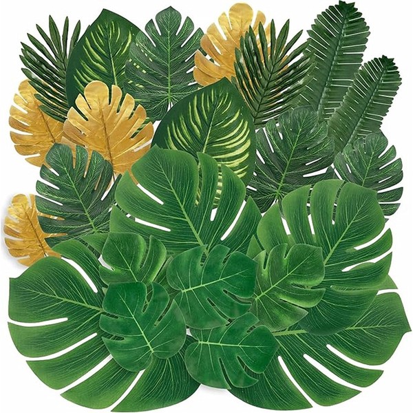 QRZLP Artificial Palm Leaves, 64 Pieces 8 Kinds Artificial Tropical