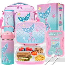Oruiji Mermaid Bento Box for Kids Lunch Box for Girls Bento Lunch Box for Kids with 5 Compartments Stainless Steel Water Bottle, Lunch Bag, Ice Pack Set Back to School Supplies