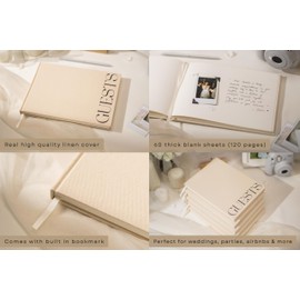 Cream Guest Book (Design 3) - 9.5 x 7 Real Linen Hardcover Guestbook for Wedding Ceremony Reception Signin, to Add Polaroid & Write Messages, Bridal Baby Shower Engagement Birthday Party, Small Size