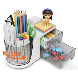 360°Rotating Pen Holder Desk Organizer with 2 Drawer, Pen Holder for Desk，Desk Organizers and Accessories with 6 Slots Pencil Organizer + 2 Drawer, Art Supply Storage Box Caddy for Office (White)