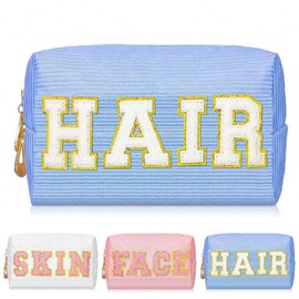 Yoolly Cosmetic Bags for Women, Corduroy Makeup Bag, Chenille Letter Organizer Skin Care Bag, Portable Makeup Pouch with Metal Zipper for Travel Toiletry Girls Gift (Hair-Blue)