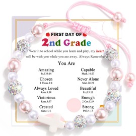 FIEEFX First Day of Second Grade 2nd Grade Cross Pearl First Day of School Back to School Bracelet Gift for Girls Daughter Granddaughter Niece Sister