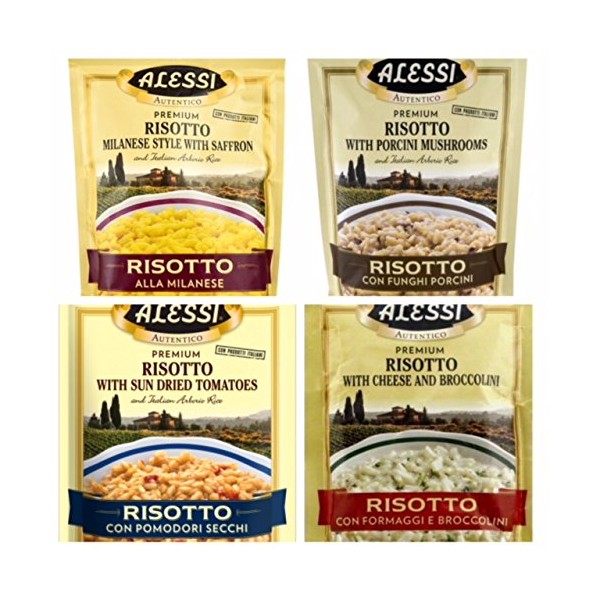Alessi Premium Risotto 4 Flavor Bundle: Risotto Milanese Style with Saffron 8 oz, Risotto with Porcini Mushrooms 8 oz, Risotto with Dried Tomatoes 8 oz and Risotto with Cheese and Broccolini 6.5 oz.