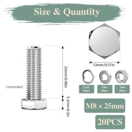GOHODOMINO M8 x 25 mm (Pack of 20) Structural Screws Stainless Steel DIN933 Full Thread Hexagon Bolt Set Machine Screws Threaded Rod