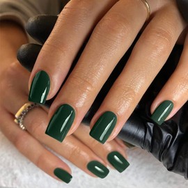 Dark Green Press on Nails Medium Square KXAMELIE Natural Acrylic Glue on Nails Coffin Nails Press ons Medium Short Gel Nails Reusable Fake Nails 2025 Trendy Solid Color False Nails 24Pcs