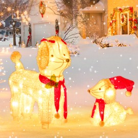 Tangkula 2-Piece Christmas Lighted Dogs, 3D Xmas Light-up Cute Poodle with 60 LED Lights, Red Scarves, Zip Ties & Ground Stakes, Indoor/Outdoor Pre-Lit Puppy Decorations for Living Room, Porch & Yard