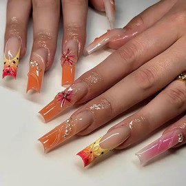 QQPPOLIU Square Long Press on Nails Orange,Fake Nails with Flower Designs,Flowers and Water Ripples Are Handmade,for Women/Birthday/Bride/Holiday/Christmas/Valentine'S Day/Women/Young(Pattern 108)