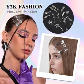 12PCS Y2K Star Hair Clips Metal Punk Hair Barrettes Kawaii 2000s Hair Snap Clips 10 Styles Silver Pentagram Hair Accessories for Women
