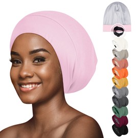 Fittia Satin Hair Bonnet for Sleeping, Silky No Frizzy for Curls Care, Adjustable Strap for Non-Slip, Dreadlocks Cap for Women&Men Pink