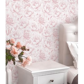 GloryTik Floral Peel and Stick Wallpaper Boho Contact Paper 17.3" x 118" Pink and White Self Adhesive Removable Wallpaper Modern Wall Paper for Bedroom Bathroom