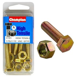 Champion BC21 High Tensile Full Thread UNC Bolts & Nuts 5/16 x 1-1/2 in. Pack of 5