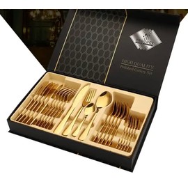 24-Piece Gold Flatware Set: Elegant Service for 6, Crafted from High-Grade 18/10 Stainless Steel, Gleaming Mirror Polish, Dishwasher-Friendly