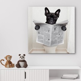 SIGNWIN Canvas Print Wall Art Cute French Bulldog Reading Newspaper on Toilet Bathroom Decor Funny Animal Bathroom Nature Digital Art Modern Art Decorative Whimsical Expressive for Bedroom - 16"x16"